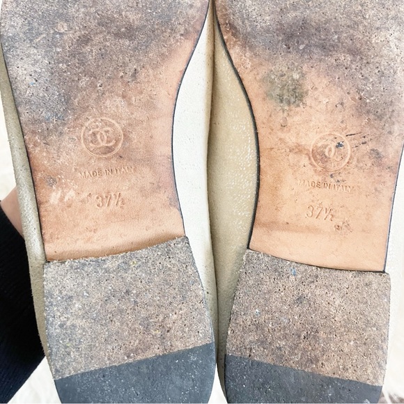 Chanel Beige Black Leather Interlocking CC Logo Cap Toe Ballet Flat 37.5 - Picture 6 of 13